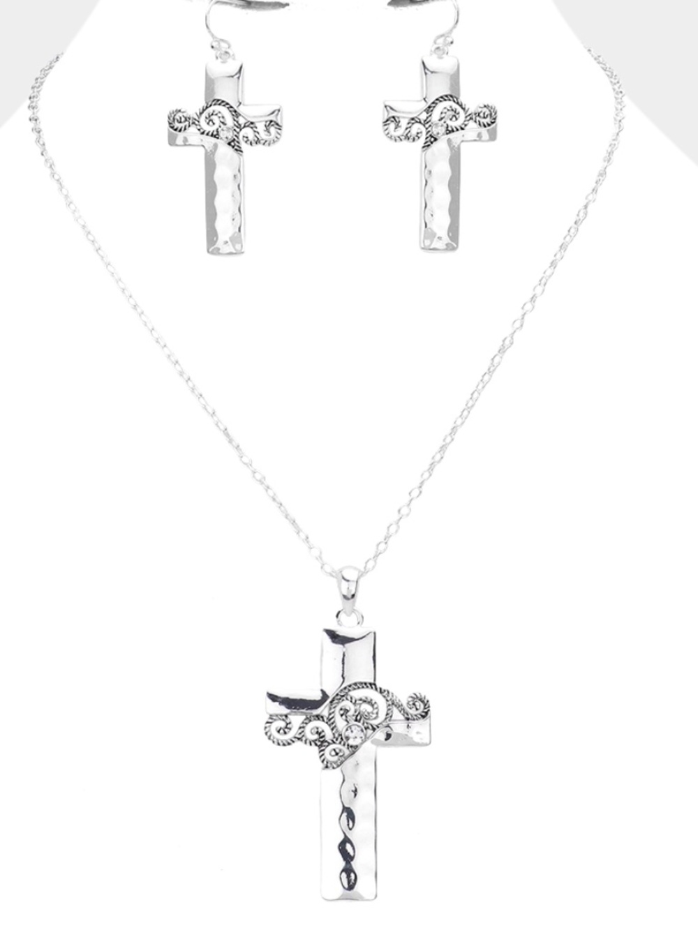 Hammered Cross Necklace Earrings Boho Pendant